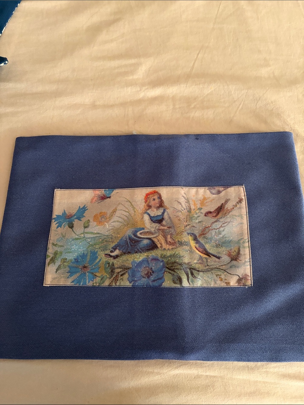 Blue pillow with vintage print with Girl and Birds
